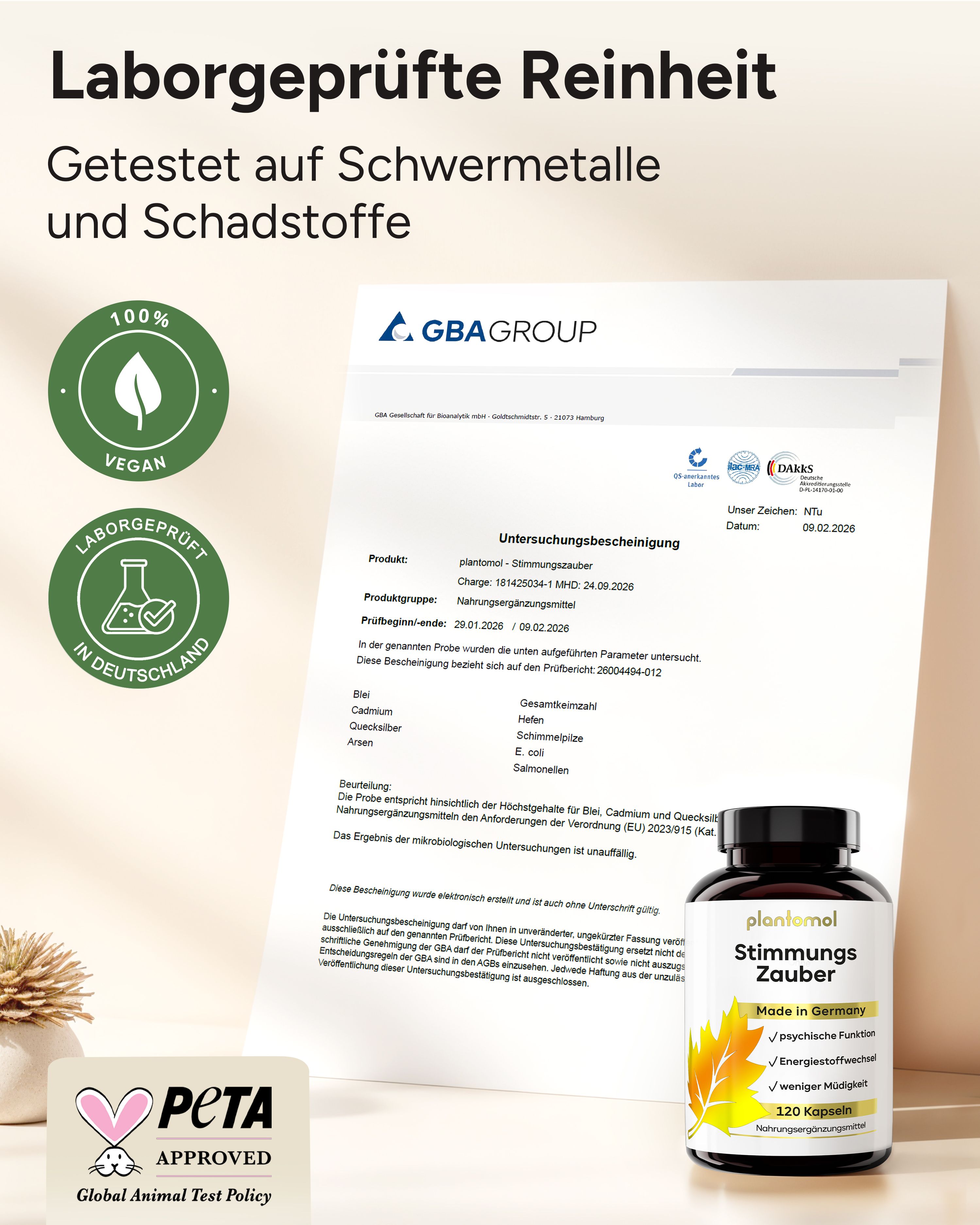Zertifizierungsdokumente und Flasche. Text: Laborgeprüfte Reinheit. Vegan-Logo, Laborgeprüft in Deutschland. PETA-Logo.