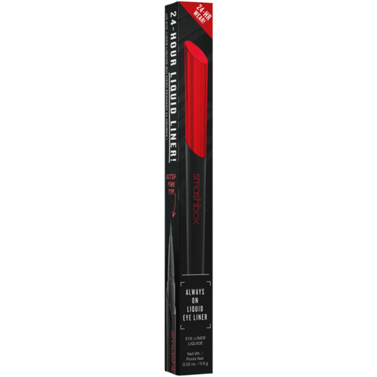 Schwarze Verpackung mit rotem Eyeliner. Text: Always On Liquid Eye Liner. Marke: Smashbox. 24-Stunden-Haltbarkeit.