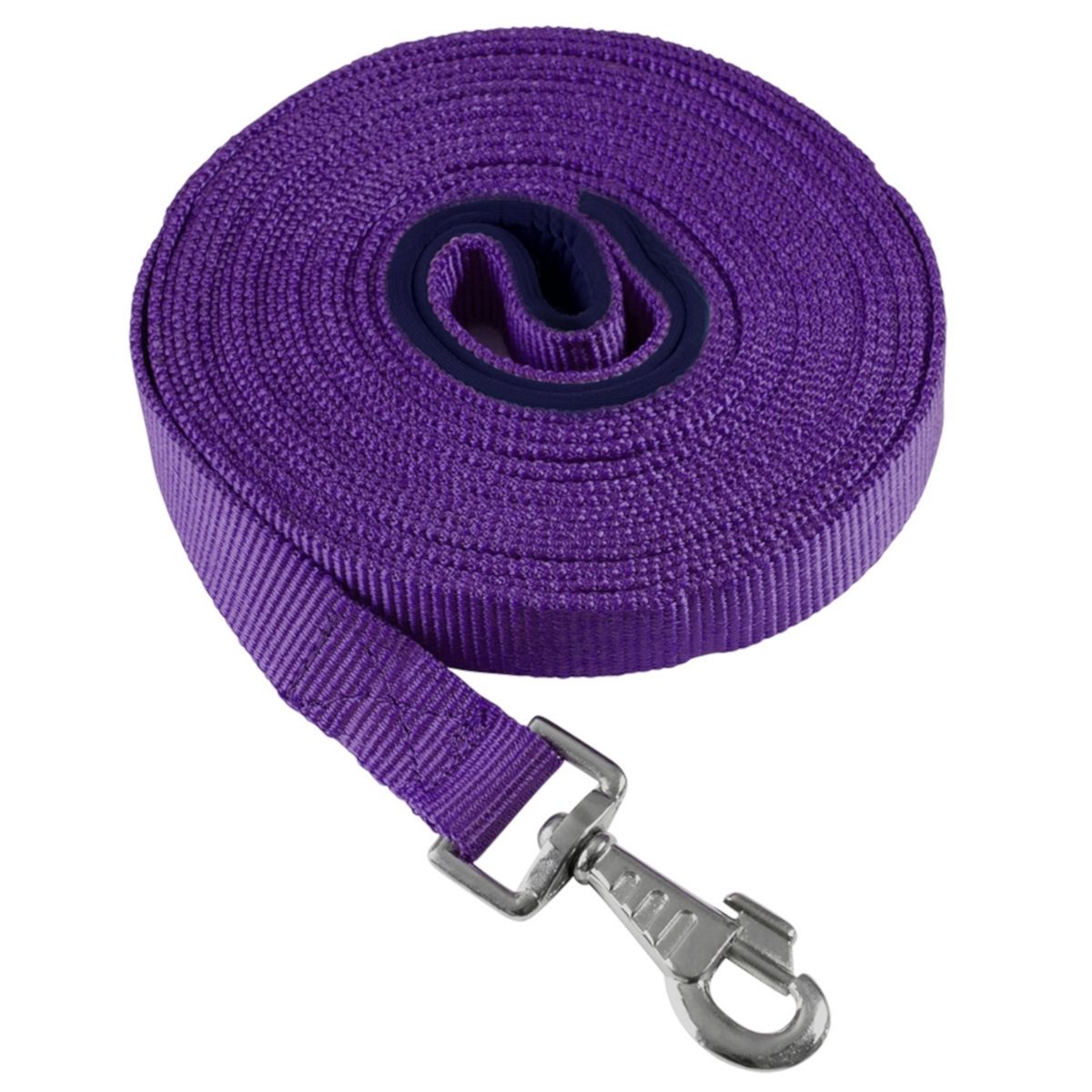 Violette Longierleine, gerollt. Mit Karabinerhaken. Dunkelblauer Kern.