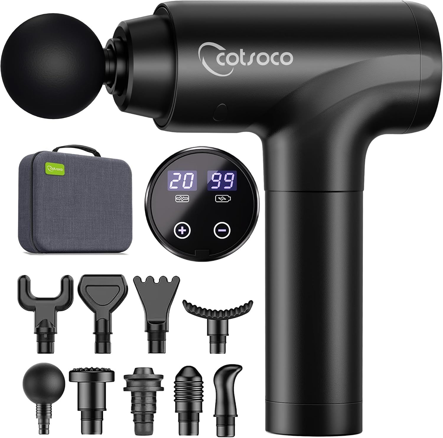 Schwarze Massagepistole mit digitalem Display, mehreren Aufsätzen und Koffer.