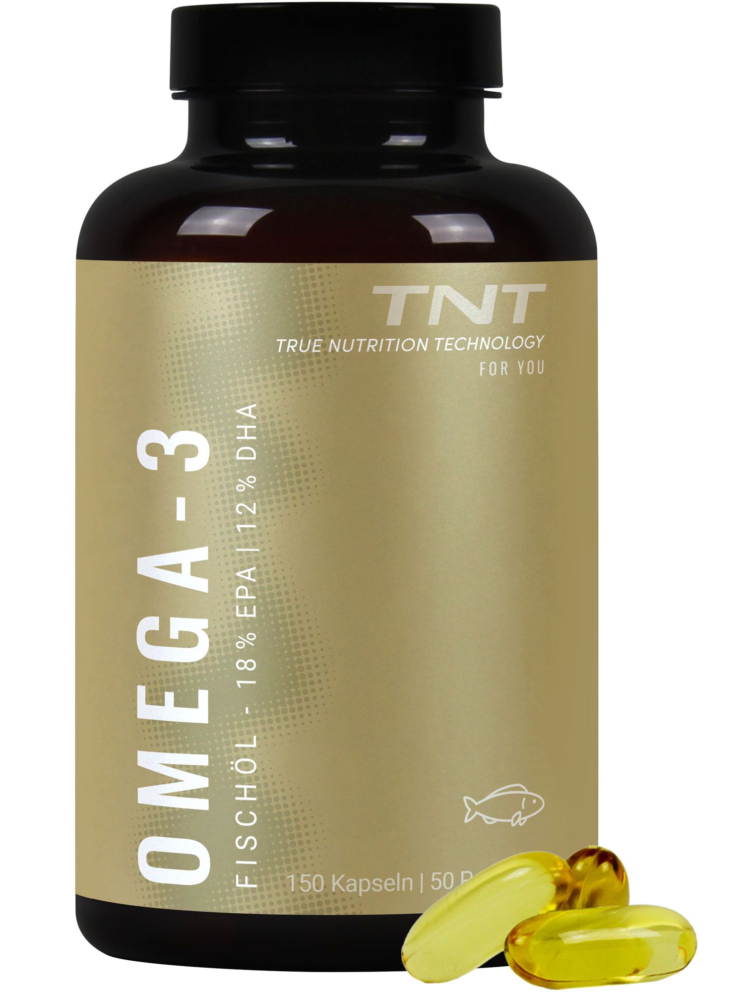 Braune Flasche mit Omega-3 Fischöl Kapseln, Etikett mit "Omega-3 Fischöl" und "150 Kapseln".