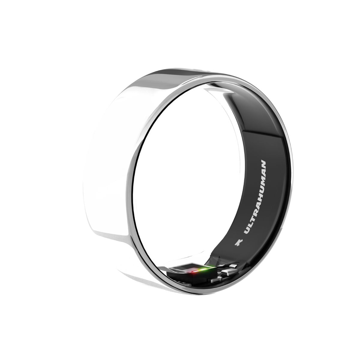 Silberfarbener Ring mit schwarzer Innenseite. Innenliegende Elektronik und Sensoren sichtbar.