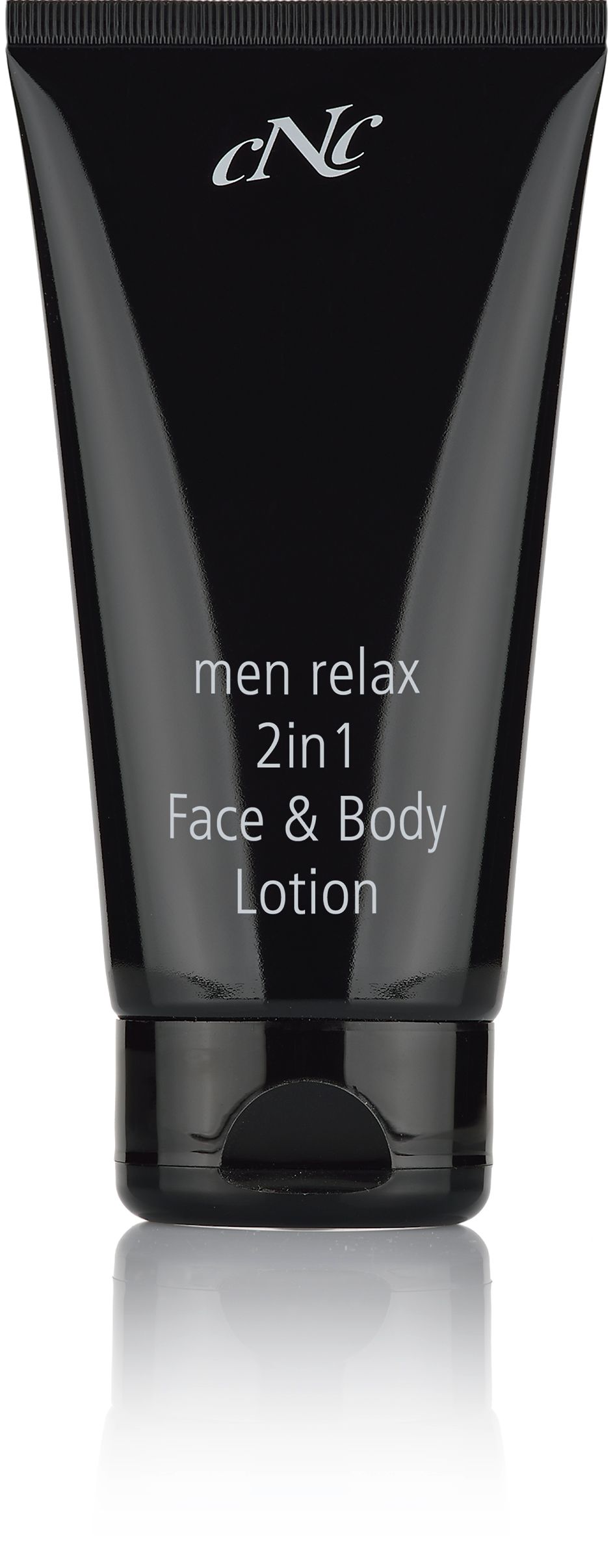 Schwarze Tube mit "cnc" Logo und Aufschrift "men relax 2in1 Face & Body Lotion".