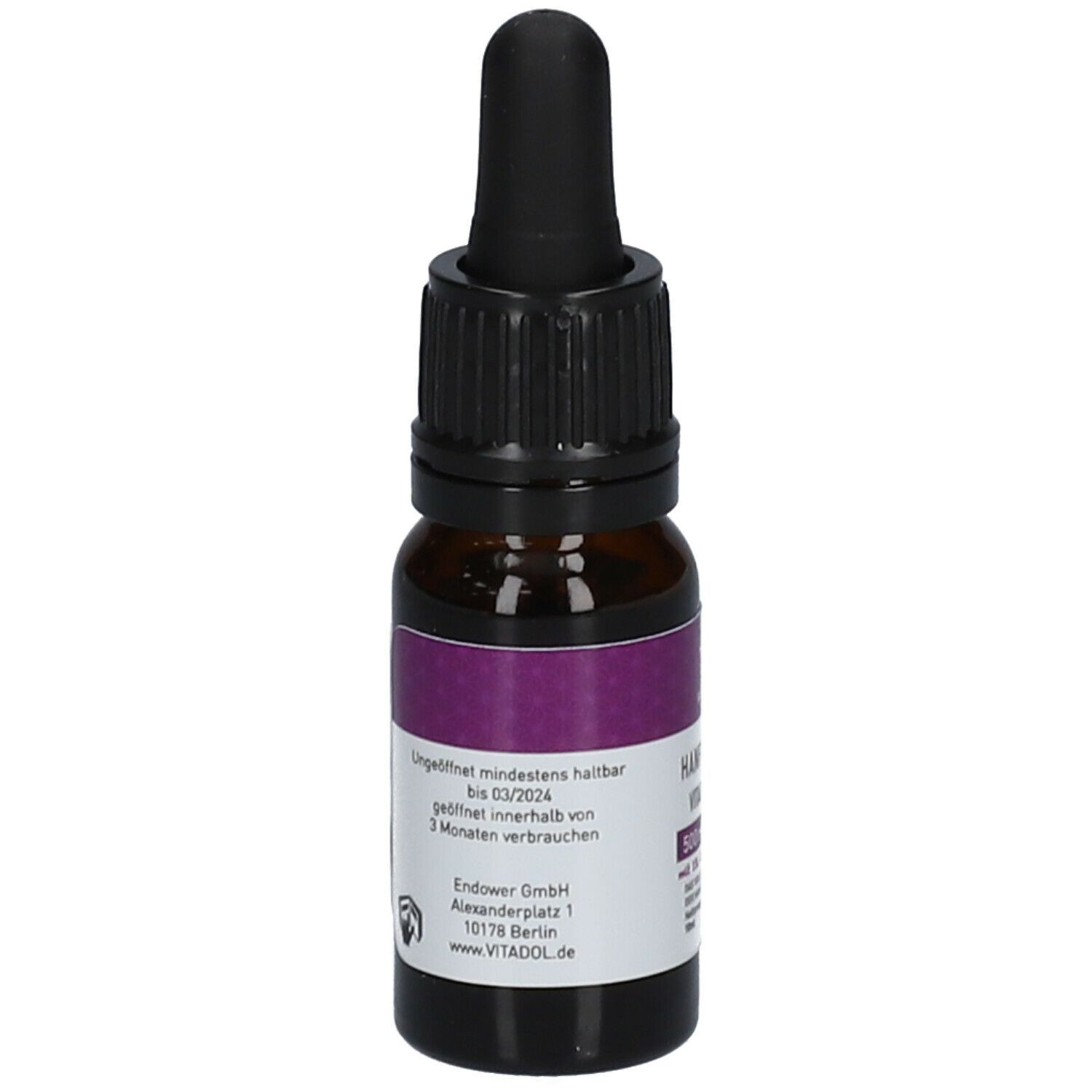 Braune Glasflasche mit schwarzem Deckel und Pipette. Aufschrift: VITADOL HANFEXTRAKT VITADOL NIGHT, 500mg CBG.