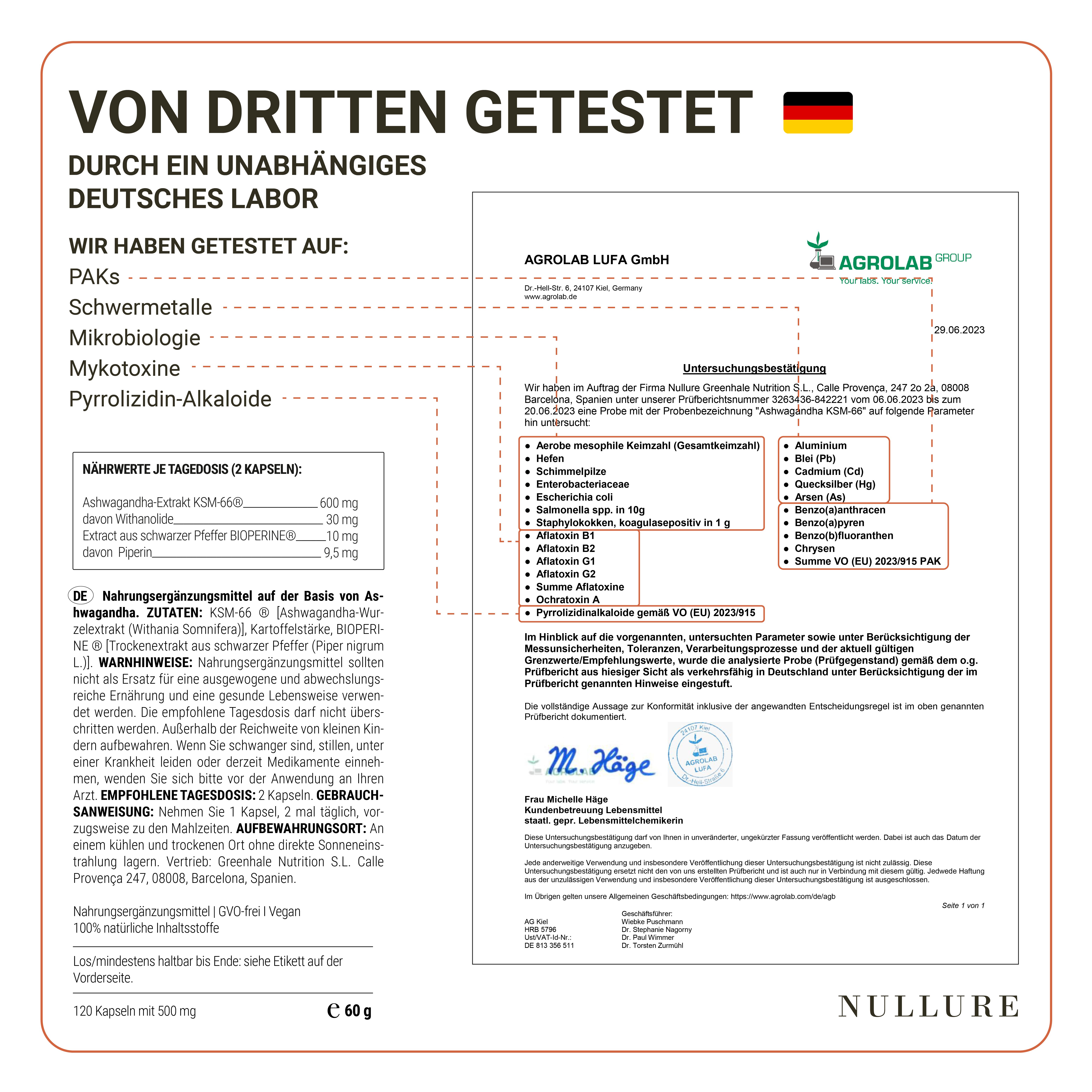 Zertifikat eines deutschen Labors. Text: Von Dritten getestet. Getestet auf PAKs, Schwermetalle, Mikrobiologie, Mykotoxine, Pyrrolizidinalkaloide.