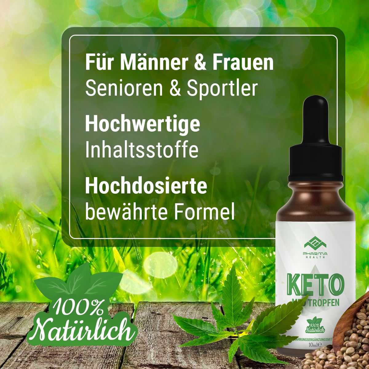 Braune Flasche mit schwarzem Tropfer, Hanfblatt und Samen. Text: Für Männer & Frauen, Senioren & Sportler. Aufschrift: Keto Med Tropfen.