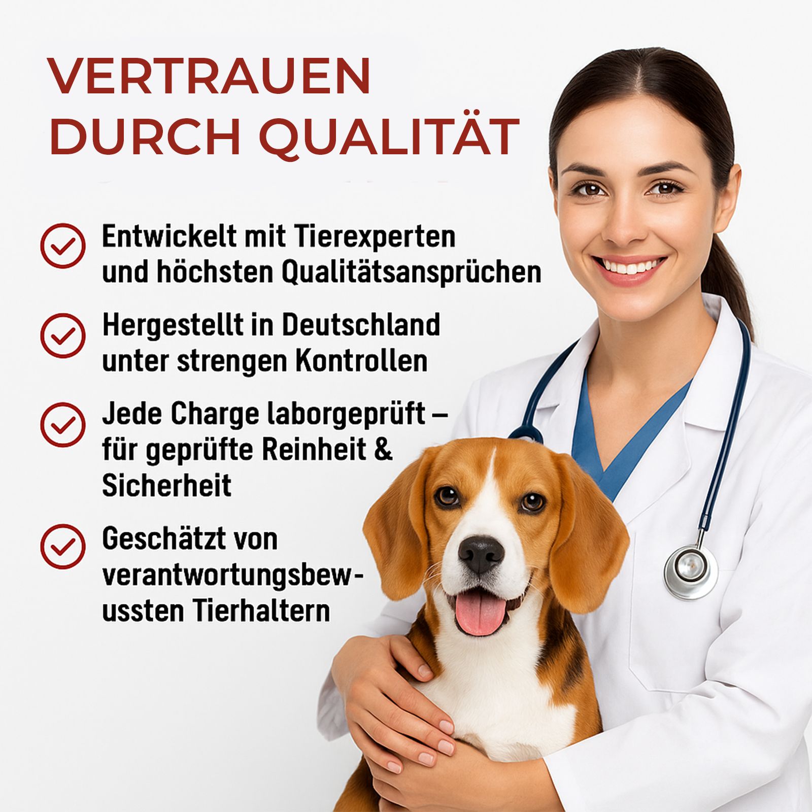 Ärztin mit Hund. Text: Entwickelt mit Tierexperten, hergestellt in Deutschland, laborgeprüft, geschätzt von Tierhaltern.