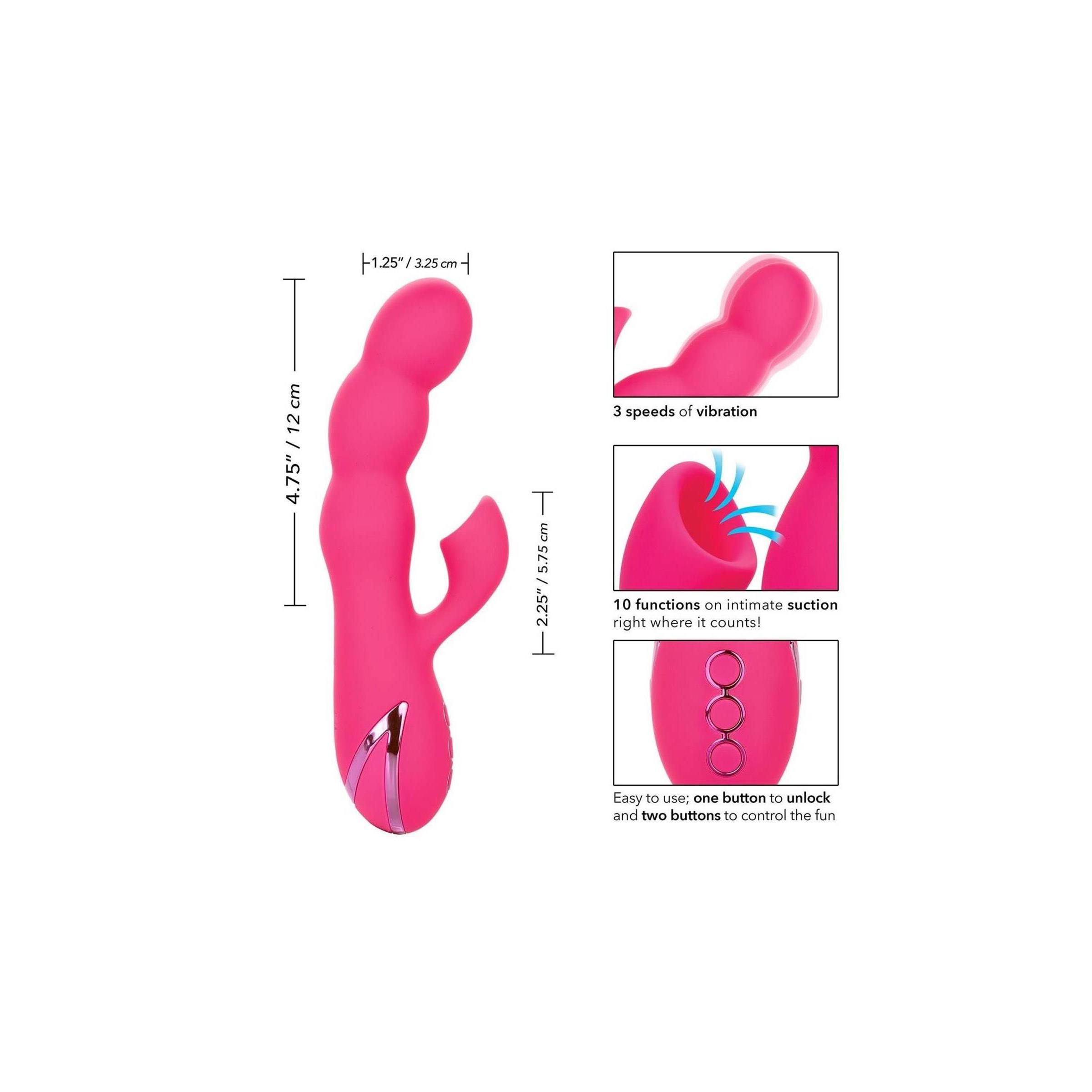 Pinkfarbenes Wellness-Produkt. Maße: 12 cm hoch, 5,75 cm breit. 3 Vibrationsmodi, 10 Saugfunktionen.