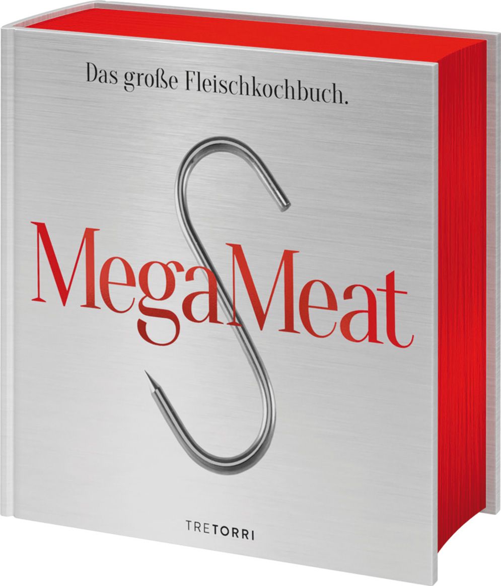 Buch mit dem Titel "Das große Fleischkochbuch". Auf dem Cover steht "MegaMeat" und ein Fleischhaken. Der Einband ist silberfarben.