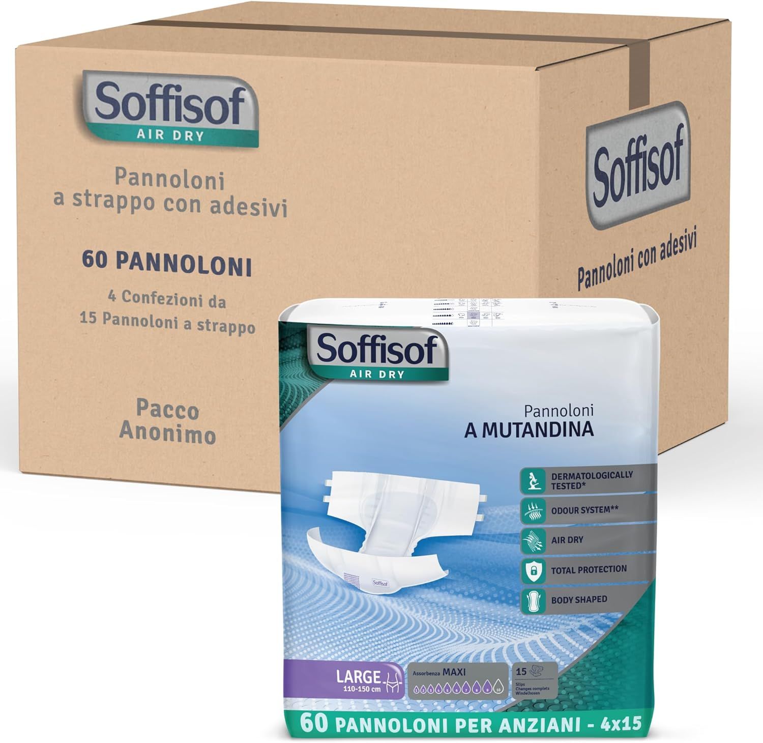 Soffisof Air Dry Maxi Windeln. Karton und Packung. 60 Stück. Aufschrift: Pannoloni a strappo con adesivi.