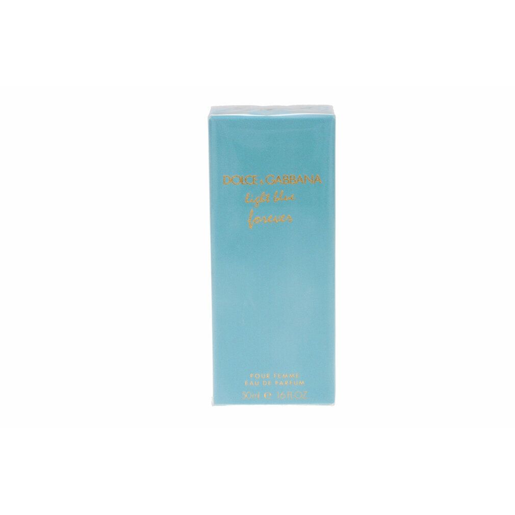 Hellblaue rechteckige Schachtel. Goldener Schriftzug: Dolce & Gabbana Light Blue Forever. Pour Femme Eau de Parfum.