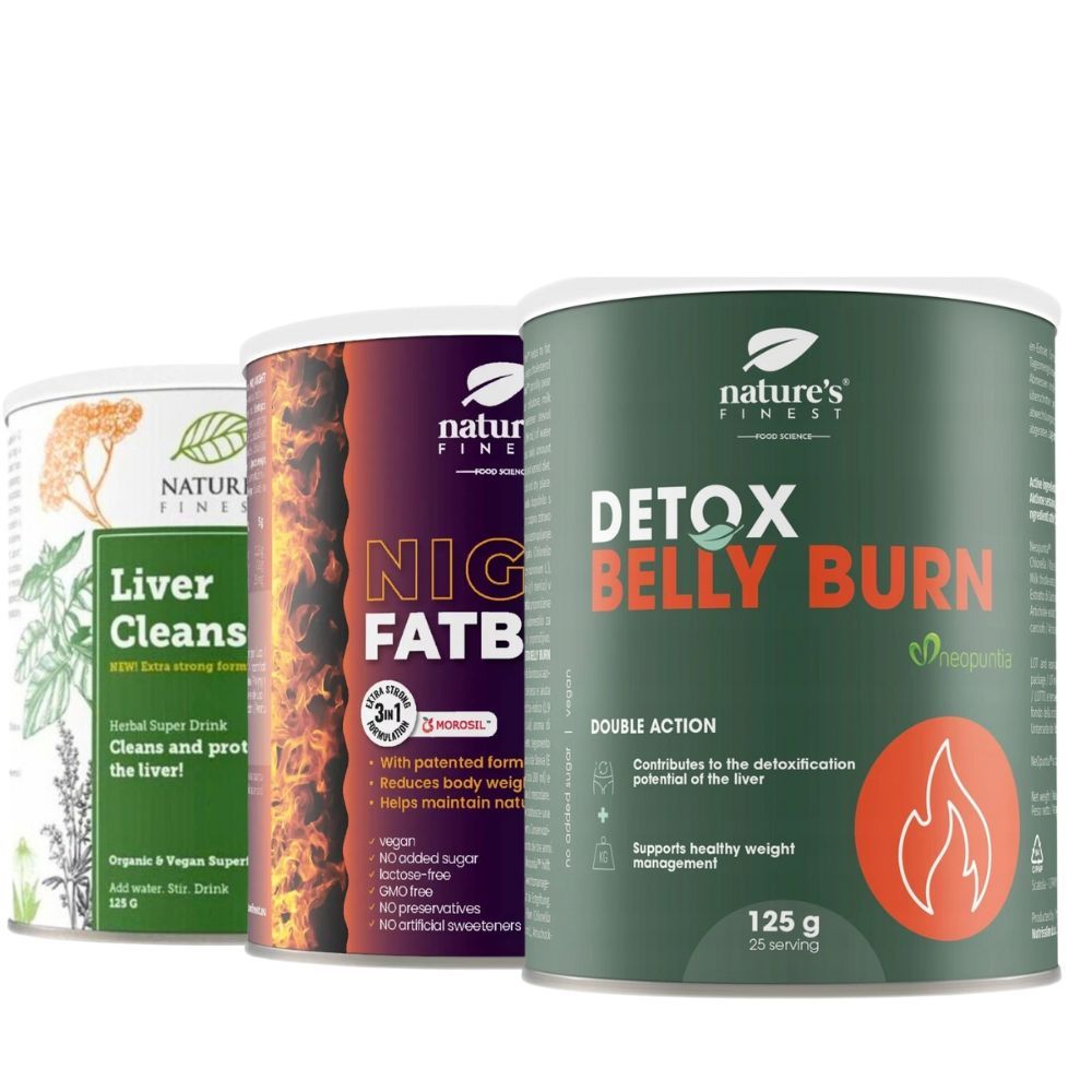 Drei Dosen Nature's Finest. Aufschrift: Liver Cleanse, Night Fatburn, Detox Belly Burn. Grün, lila und grün. 125g.