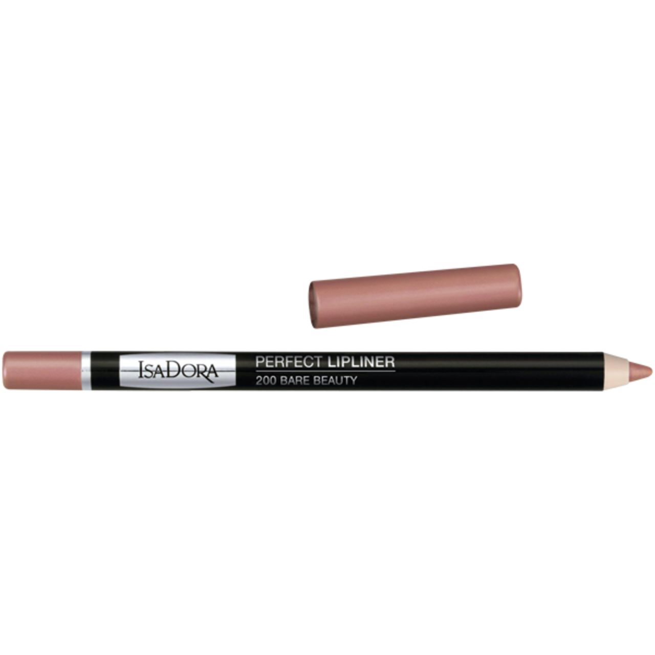 IsaDora Perfect Lipliner, Farbe 200 Bare Beauty. Schwarzer Stift mit rosafarbenem Stiftende und Kappe. Marke und Produktbezeichnung sichtbar.