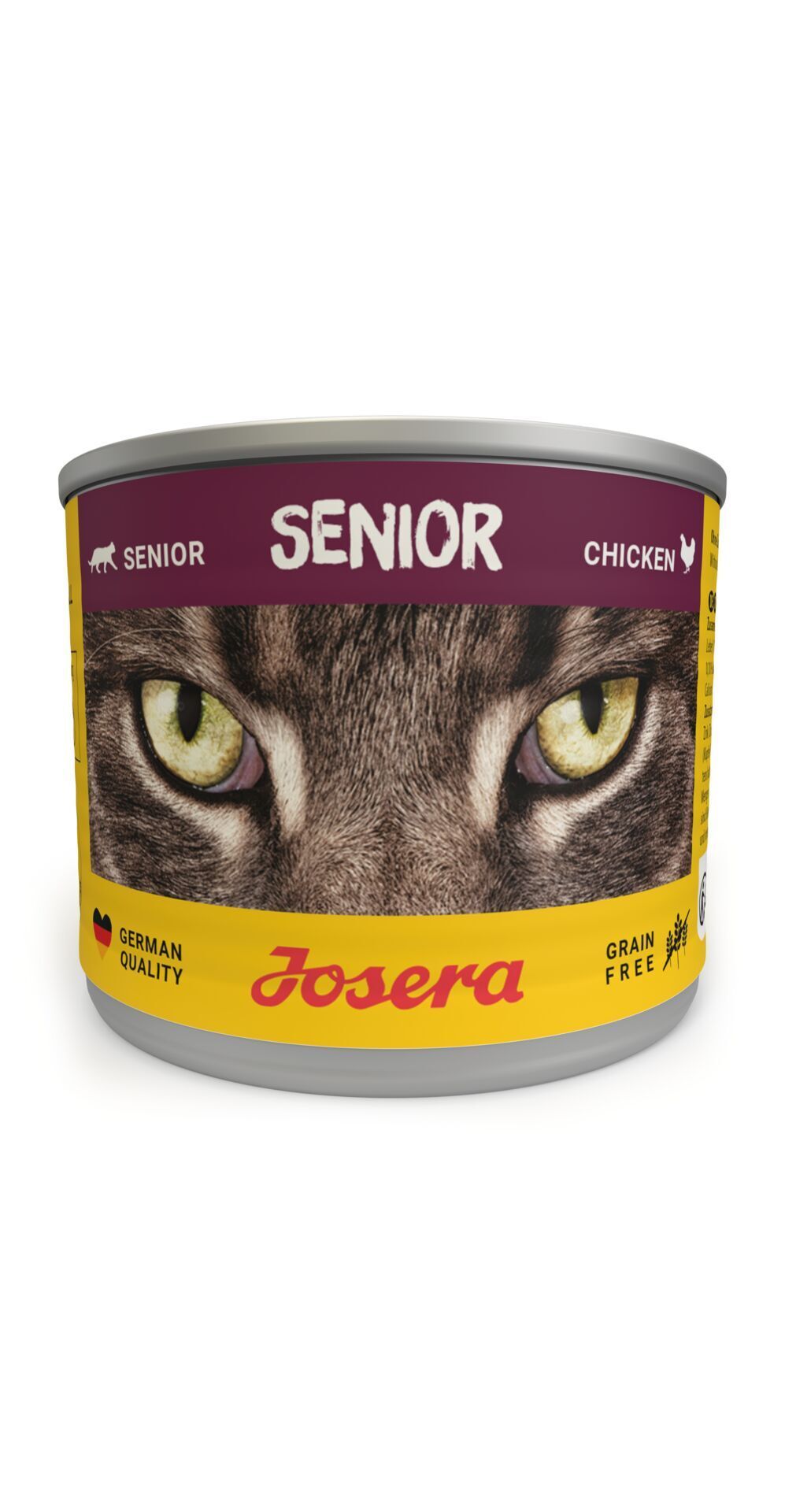 Josera Senior Katzenfutter-Dose mit Hühnergeschmack. Gelbe Dose mit Katzenaugen-Motiv und rotem Etikett.
