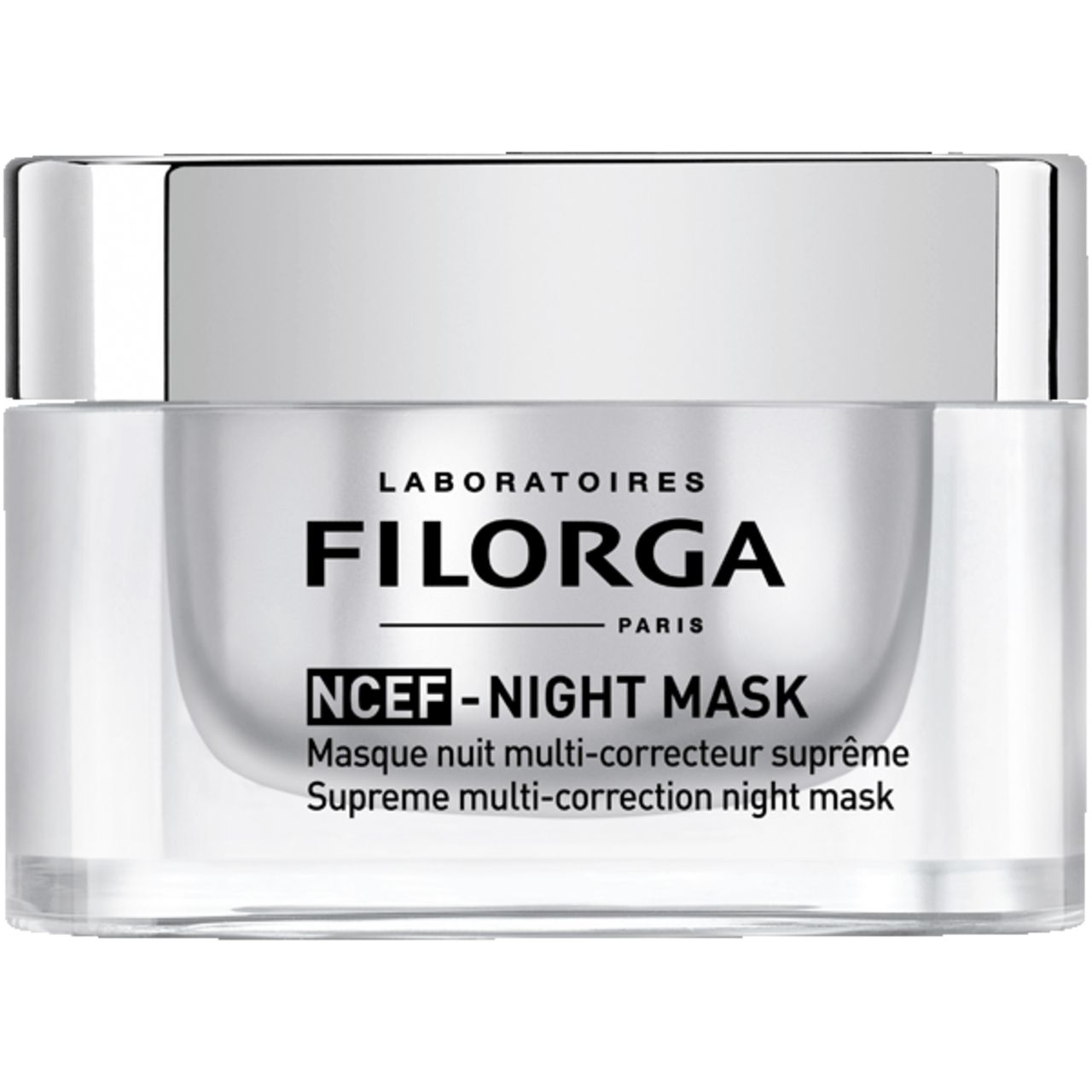 Tiegel mit silbernem Deckel. Aufschrift: Filorga, NCEF-Night Mask. Französische und englische Produktbezeichnungen.