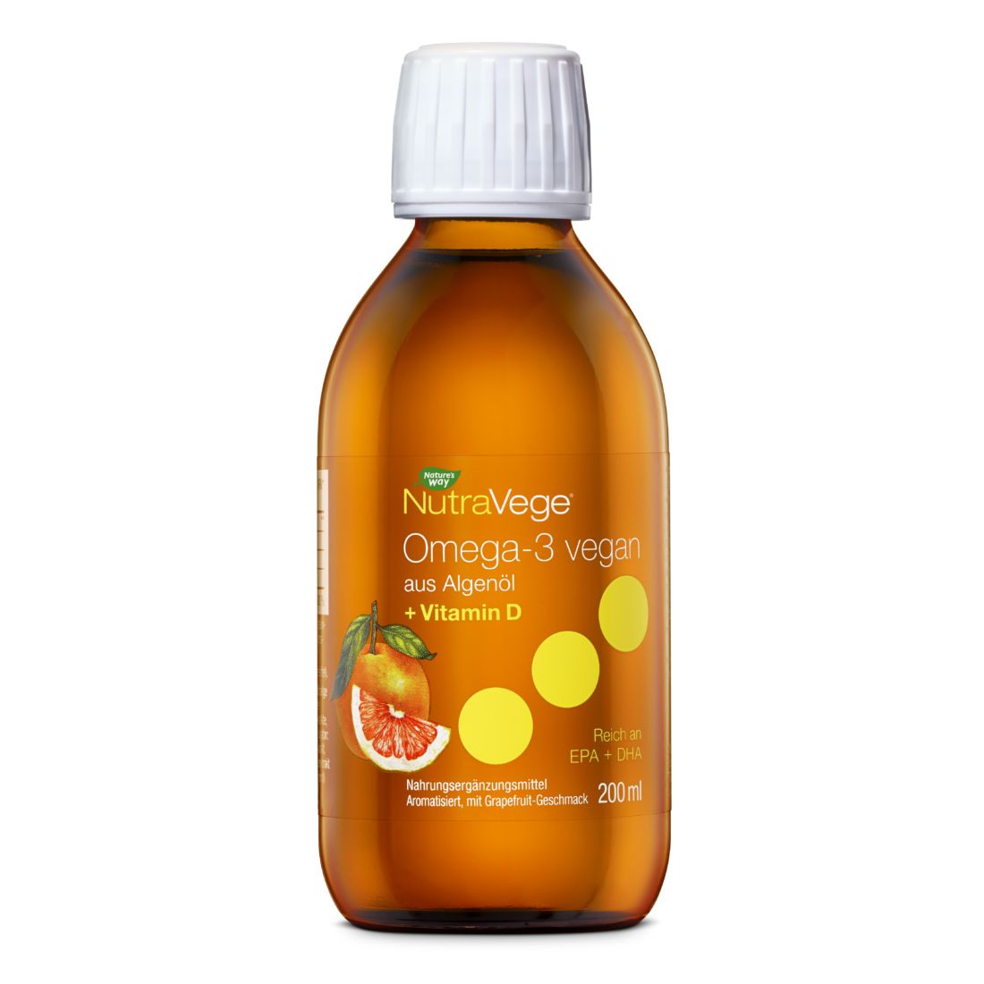 Braune Flasche mit weißem Deckel. Aufschrift: NutraVege Omega-3 vegan + Vitamin D. Abbildung einer Grapefruit. 200ml.