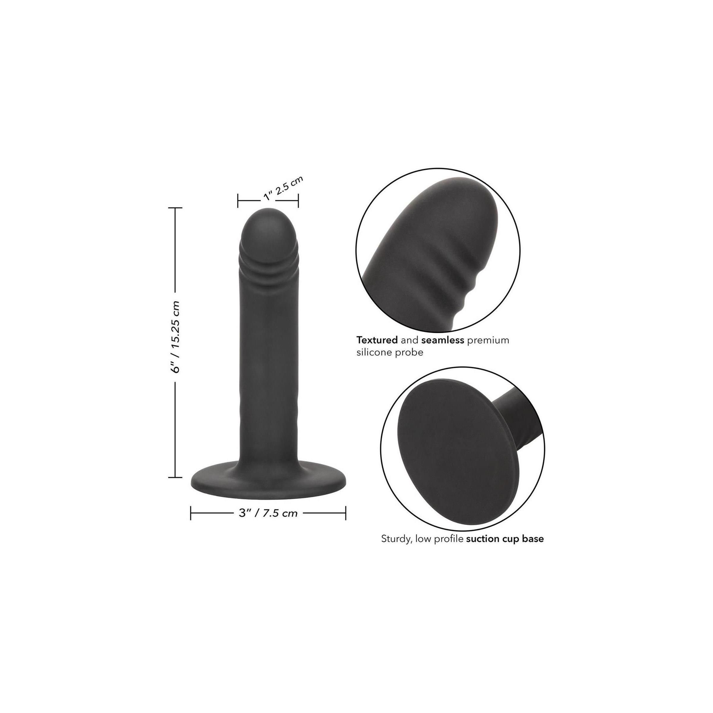 Schwarzes, geriffeltes Sexspielzeug mit Maßangaben. 6"/15,25 cm lang, 3"/7,5 cm Basis. Mit Saugnapf.
