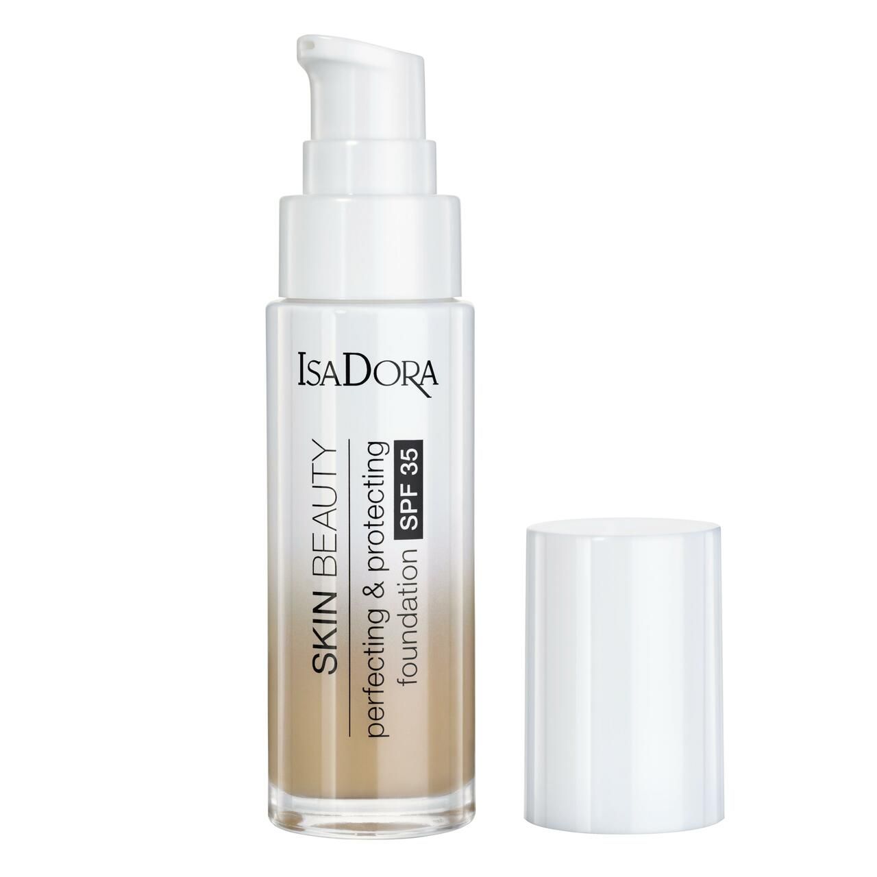 Foundation-Flakon mit weißem Pumpkopf und Deckel. Aufschrift: IsaDora, Skin Beauty, Perfecting & Protecting, SPF 35.