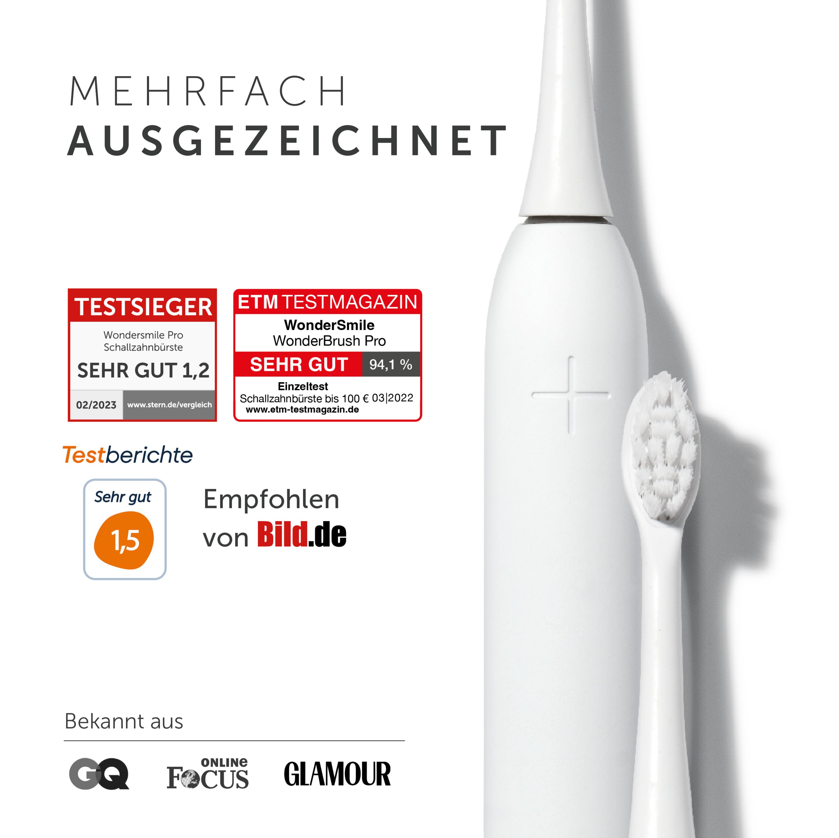 Nahaufnahme der Schallzahnbürste und Logos. Auszeichnungen: TESTSIEGER, ETM Testmagazin, Empfohlen von Bild.de. Bekannt aus GQ, Focus, Glamour.