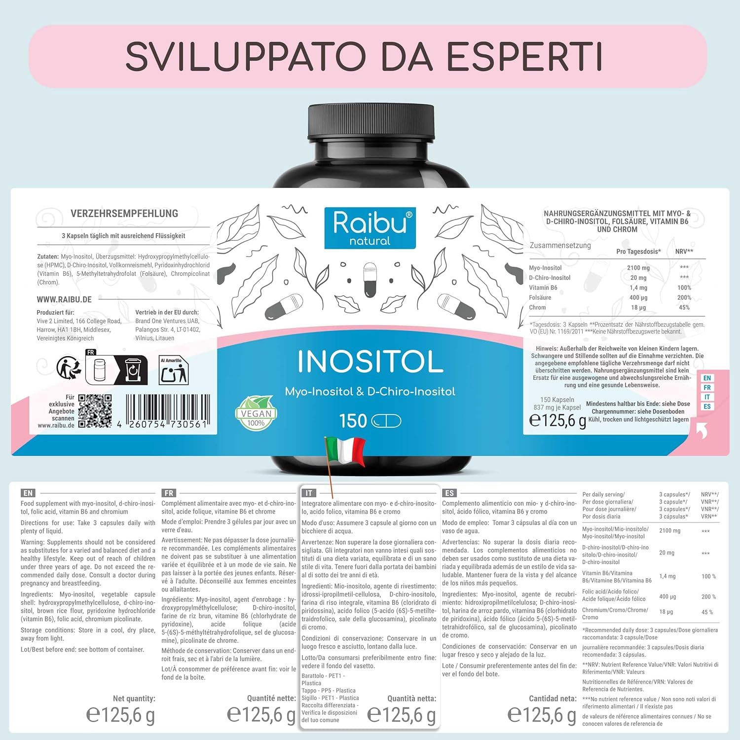 Flacone con etichetta. Testo: Inositolo, Myo- & D-Chiro-Inositolo, 150 capsule. Sigillo vegano.