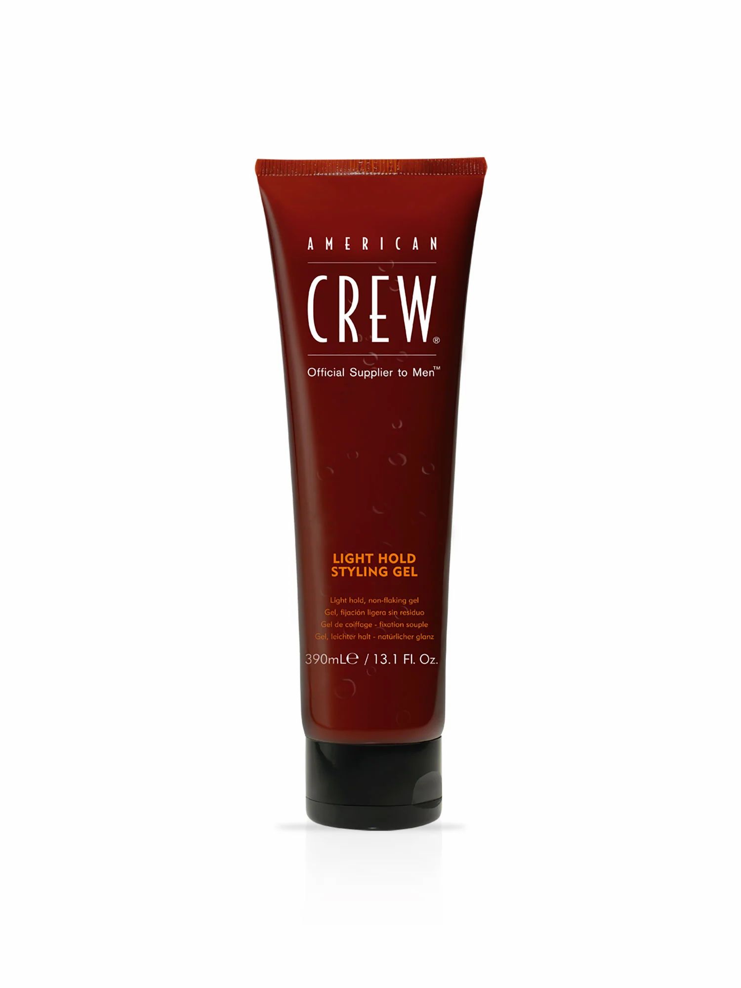 Braune Tube mit schwarzem Deckel. Schriftzug: AMERICAN CREW, LIGHT HOLD STYLING GEL. 13.1 fl. oz.