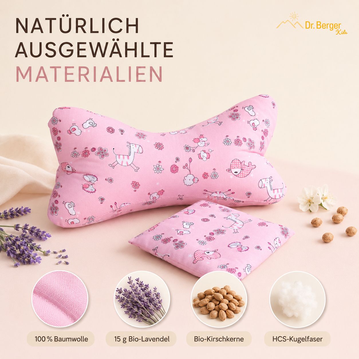 Rosa Kissen mit Tiermotiven, Lavendel, Kirschkernen und Füllmaterial.