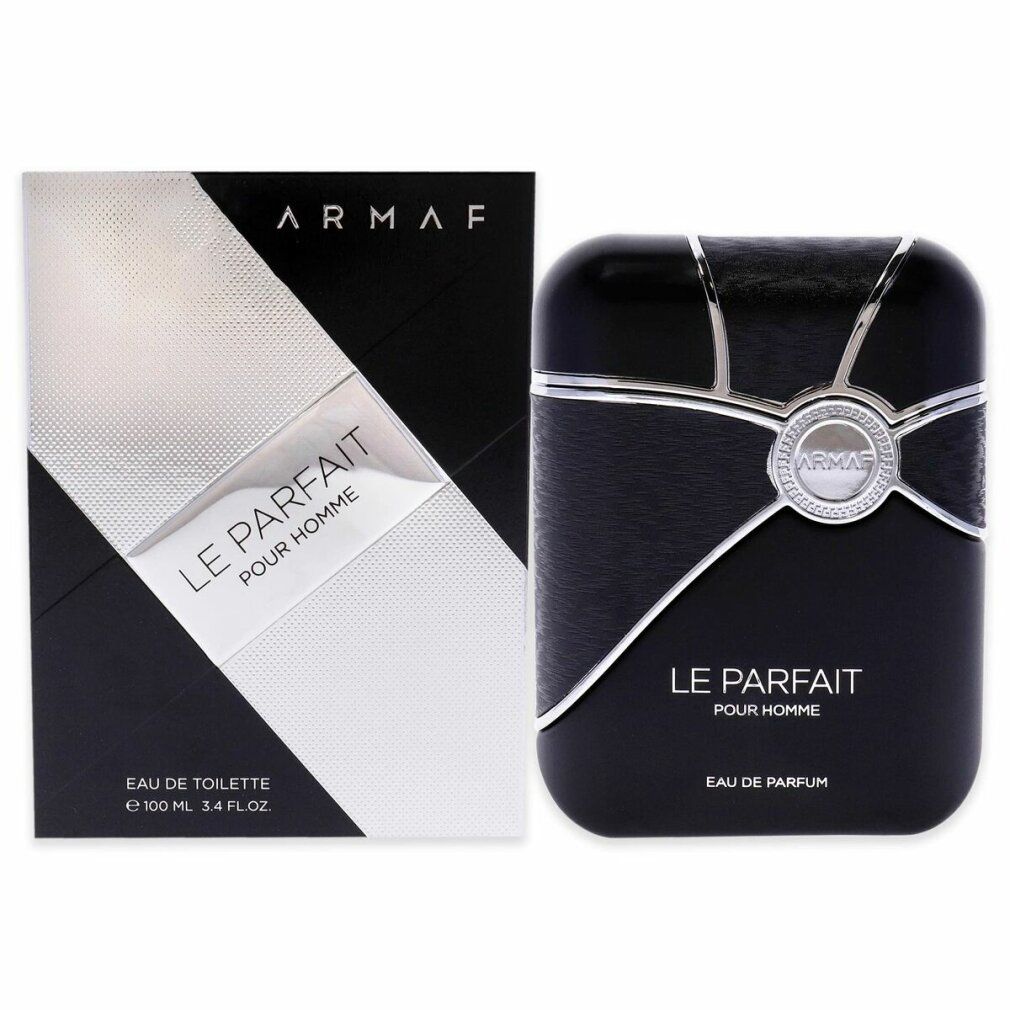 Schwarzer Flakon und Verpackung. Aufschrift: Armaf, Le Parfait Pour Homme, Eau de Parfum. Silberne Akzente.