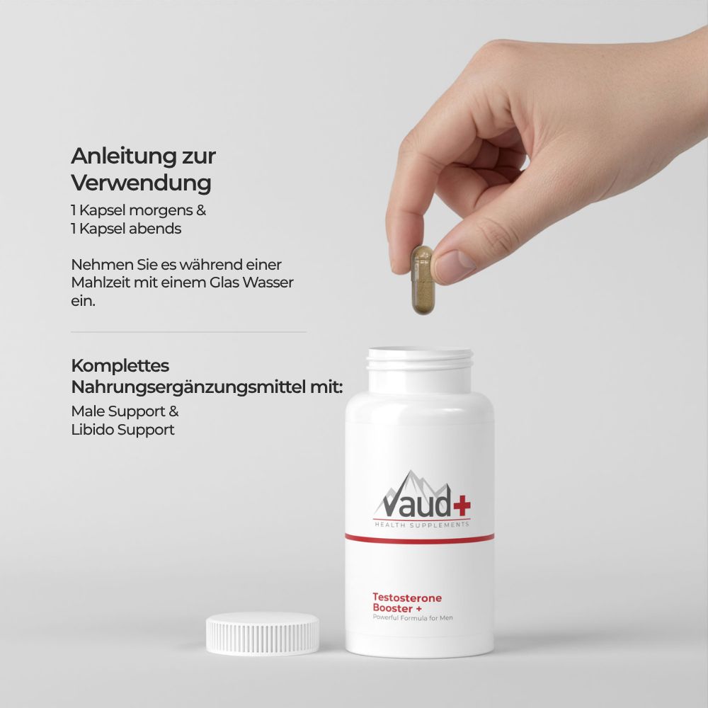 Hand hält Kapsel über einer weißen Flasche. Text: Anleitung zur Verwendung. Nahrungsergänzungsmittel.