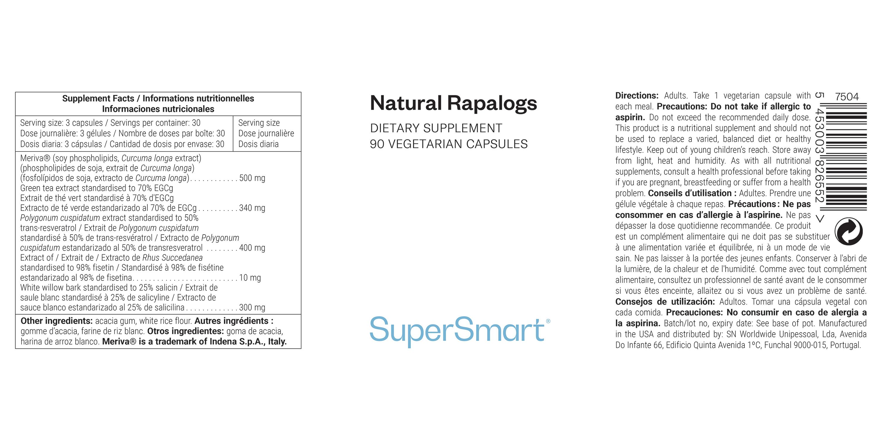 Etikett mit "Natural Rapalogs" und "SuperSmart". Nährwertangaben und Anweisungen. 90 Kapseln.