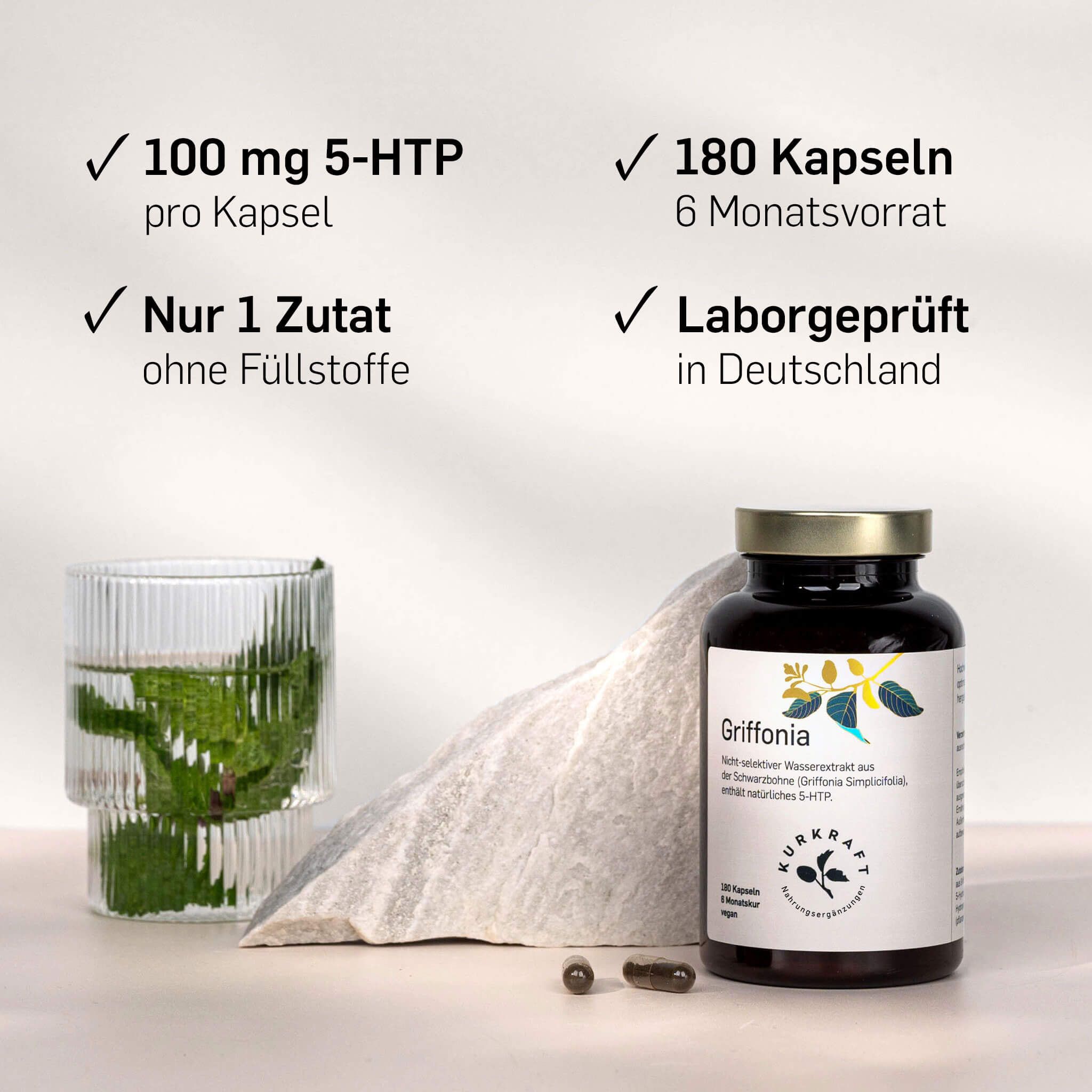 Kurkraft® 5-HTP aus Griffonia – 100 mg pro Kapsel – 180 Kapseln – 6 Monatsvorrat