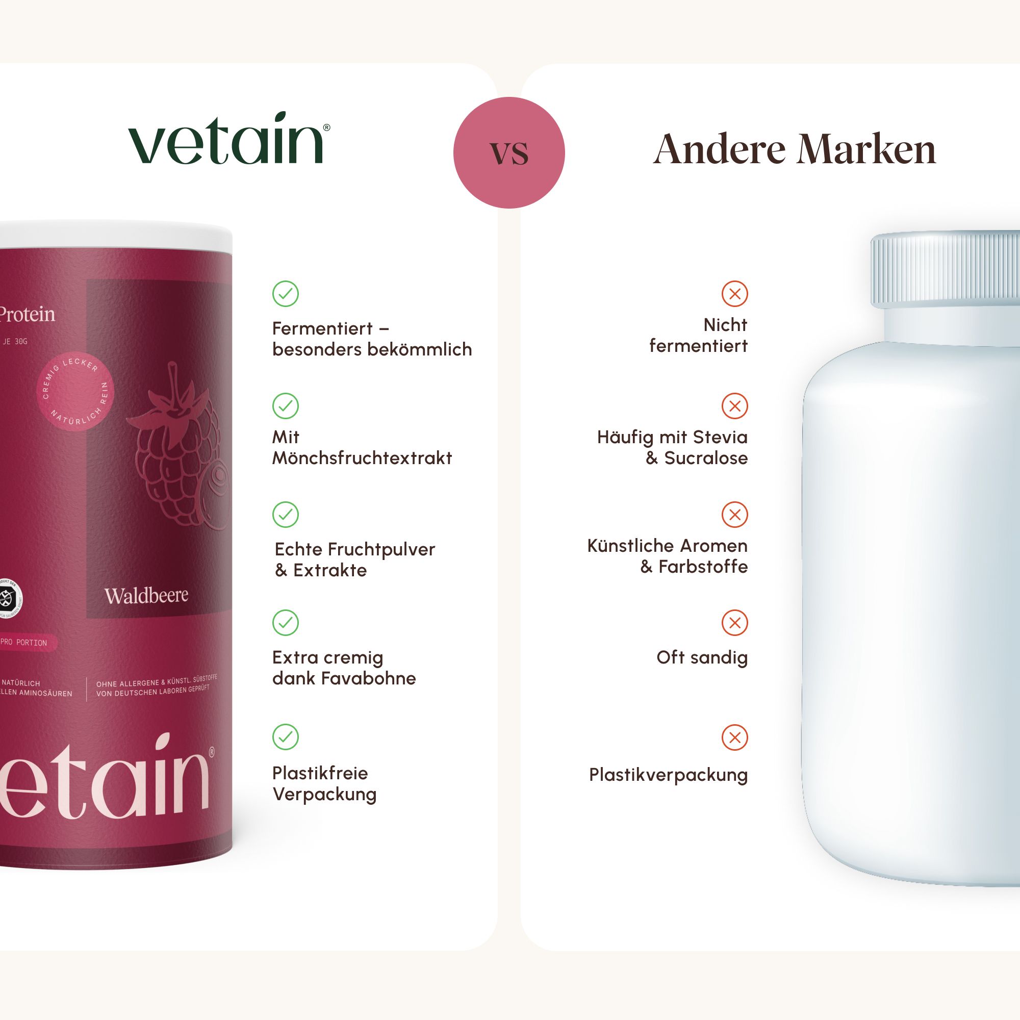 Vorteile von fermentiertem Vetain Vegan Protein: Leichter verträglich, milder Geschmack, cremige Shakes.