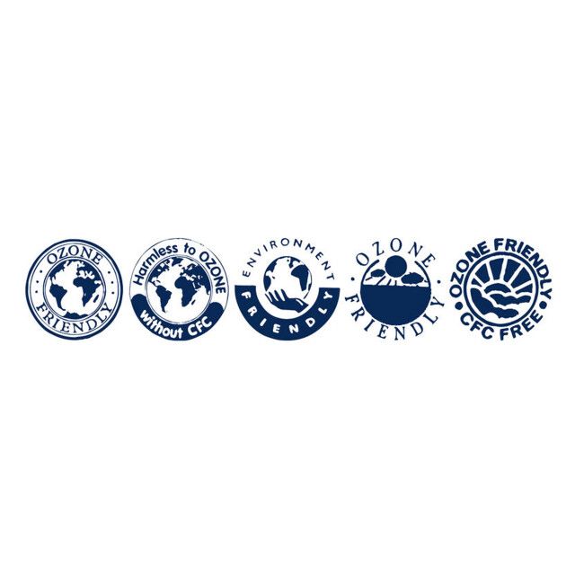 Fünf runde Logos mit Weltkugel-Symbolen und Texten wie 'Ozone Friendly' und 'Harmless to Ozone'.