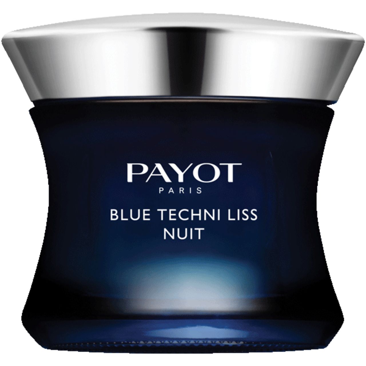 Dunkelblaue Creme-Dose mit silbernem Deckel. Aufschrift: PAYOT PARIS, BLUE TECHN LISS NUIT.