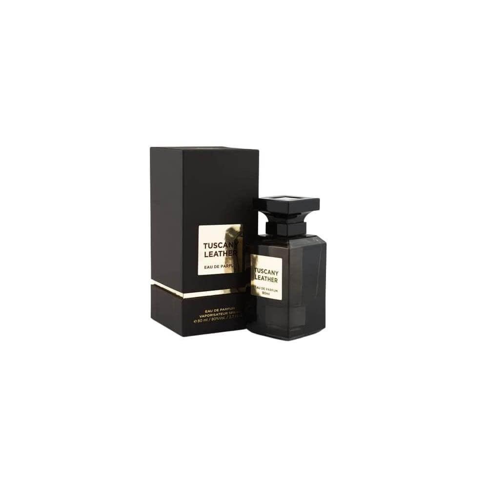 Schwarzer Flakon und Verpackung. Aufschrift: Tuscany Leather Eau de Parfum. Goldfarbene Akzente.