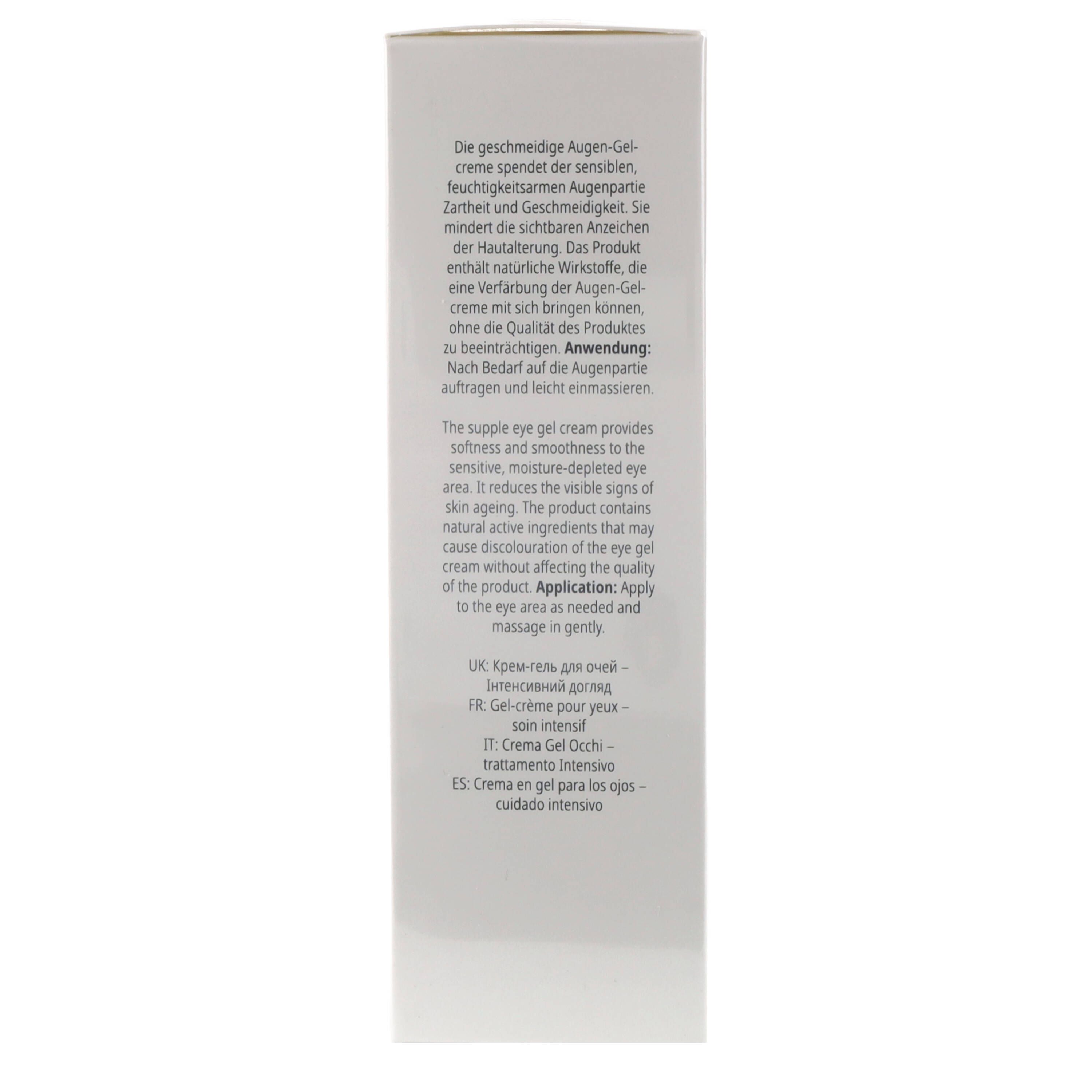 Weiße Verpackung mit Produktbeschreibung in mehreren Sprachen. Text in Deutsch, Englisch, Französisch, Italienisch und Spanisch.