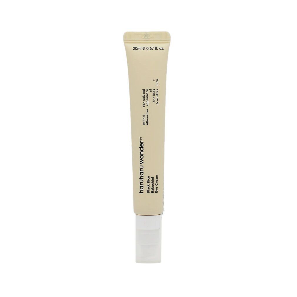 Haruharu WONDER Black Rice Bakuchiol Augencreme Tube, isoliert auf weißem Hintergrund. Klare Produktansicht.