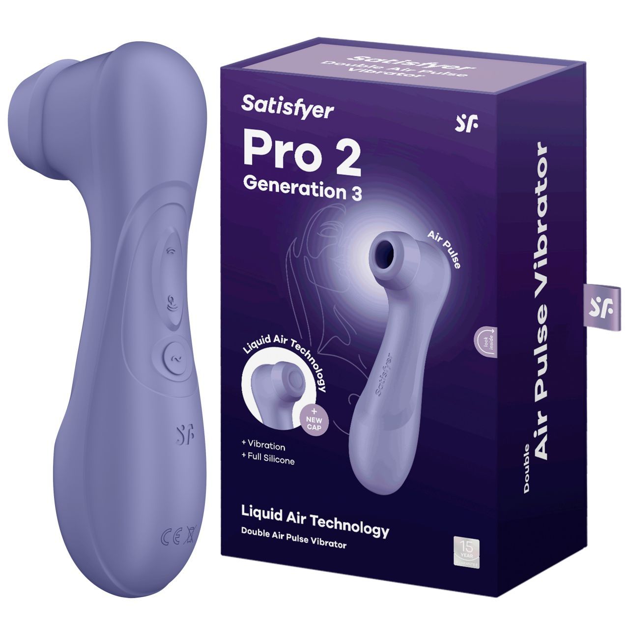Lila Vibrator und Verpackung. Verpackung: Satisfyer Pro 2 Generation 3, Air Pulse Vibrator.