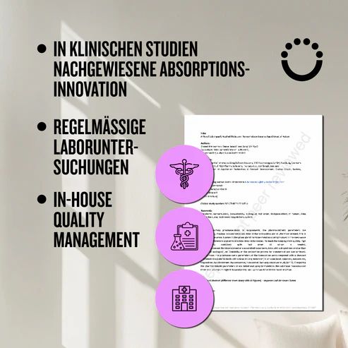 Text mit Aufzählungszeichen: In klinischen Studien nachgewiesene Absorptions-Innovation, Regelmäßige Laboruntersuchungen, In-House Quality Management.