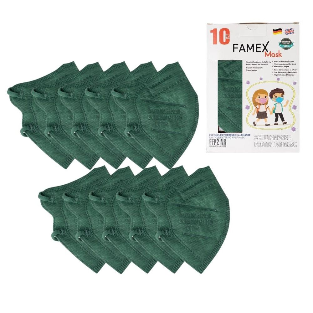 Zehn dunkelgrüne FFP2-Masken, teilweise in Verpackung. Verpackung mit Logo und Illustration.