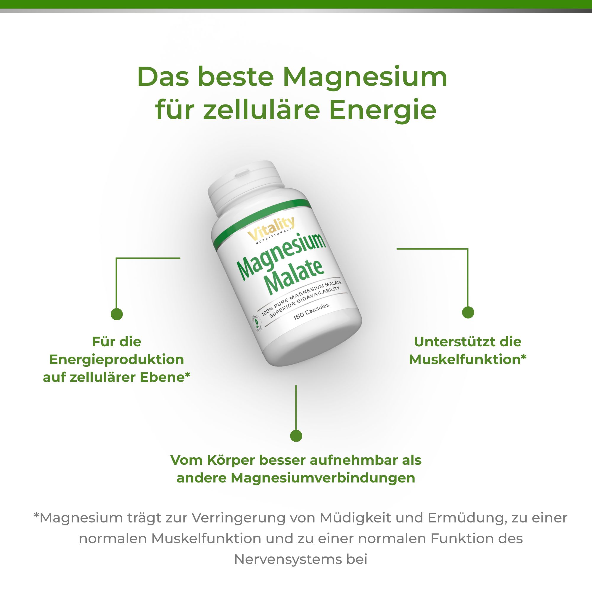 Weiße Flasche mit grünem Etikett. Aufschrift: Magnesium Malate. Text: Für die Energieproduktion, unterstützt Muskelfunktion, besser aufnehmbar.
