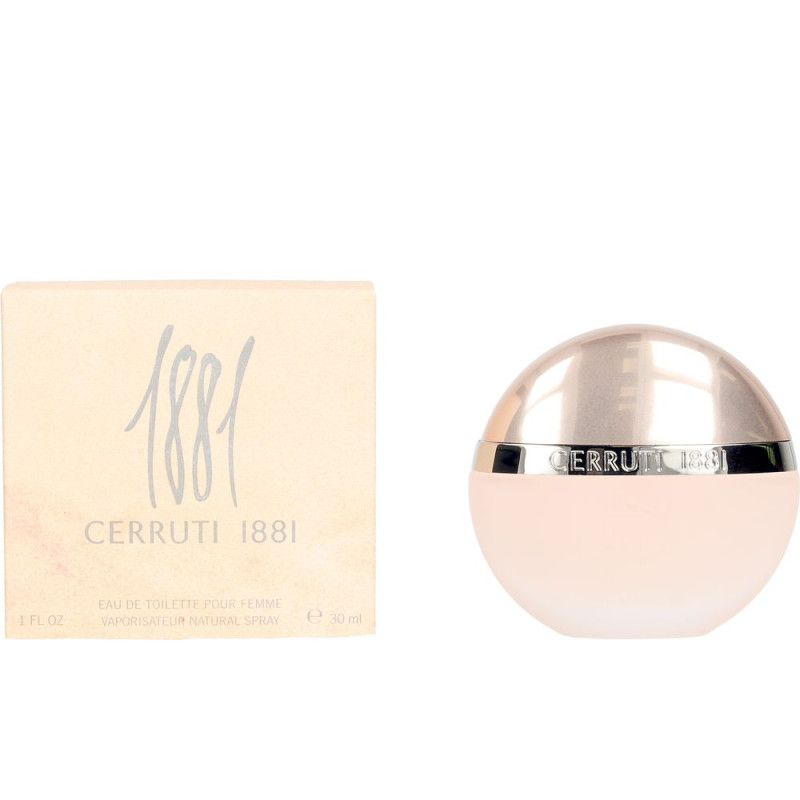 Cerruti 1881 Eau de Toilette Flakon und Verpackung. Flakon rund, hellrosa. Karton beige.