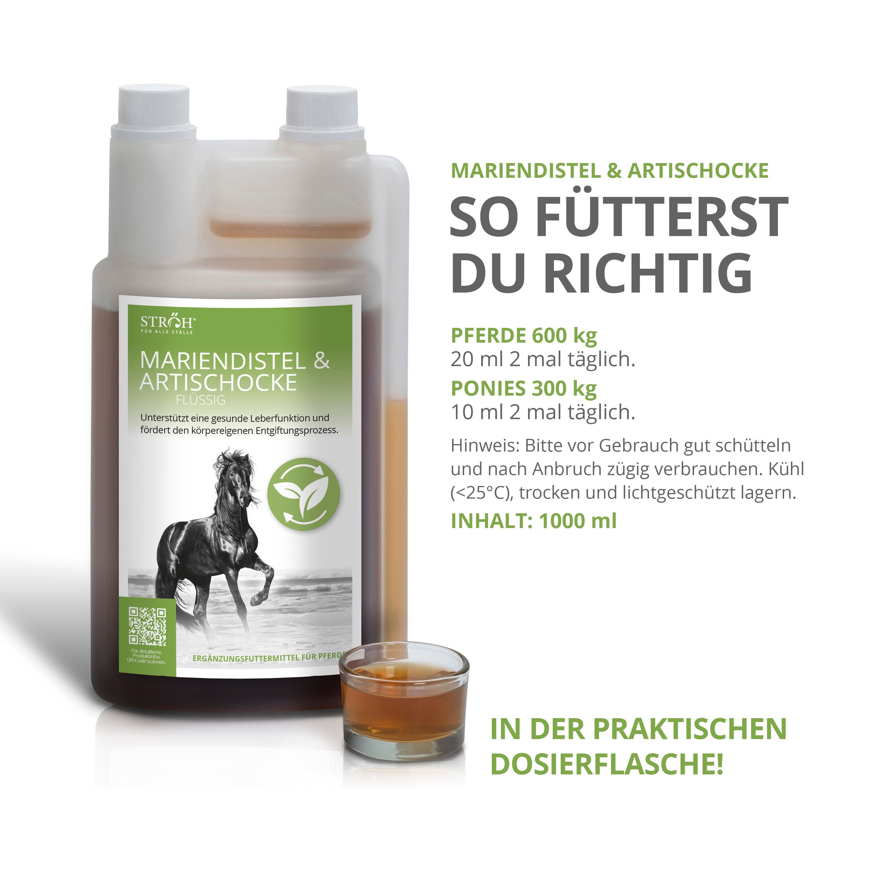 Flasche STRÖH Mariendistel & Artischocke flüssig mit Dosierbecher. Produktname, Illustration Pferd, und Dosierungsempfehlungen.