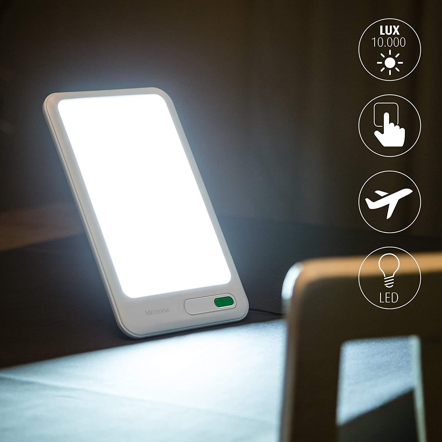 Lampe de luminothérapie avec symboles pour Lux, tactile, avion et LED. Marque : Medisana.