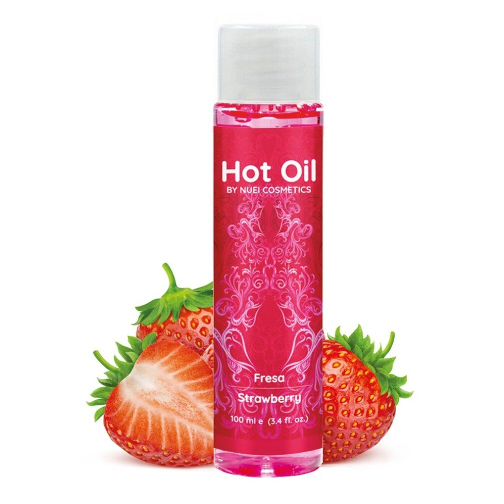Rote Flasche mit weißem Deckel, daneben Erdbeeren. Aufschrift: Hot Oil, NUEI cosmetics, Fresa Strawberry. 100 ml.