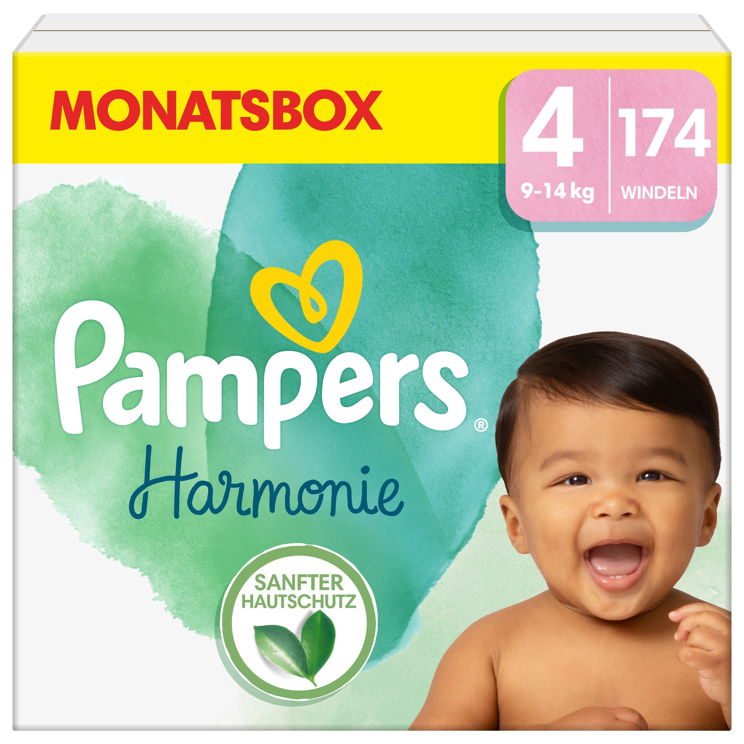 Pampers Harmonie Windeln Gr. 4, 9-14 kg, 174 Stück. Verpackung mit Baby und Produktinformationen.