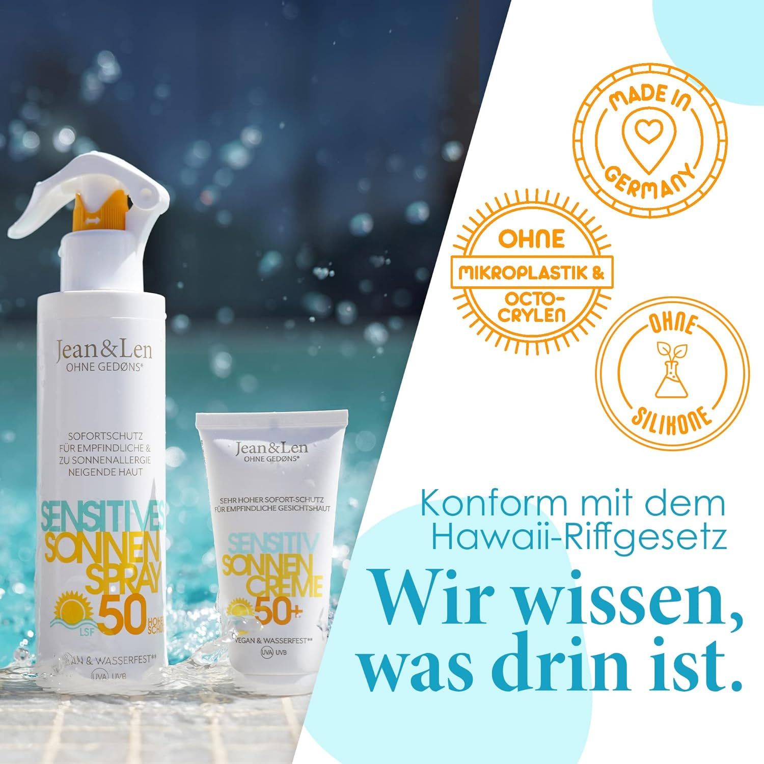 Zwei Produkte: Sonnencreme und Spray. Siegel: Ohne Mikroplastik, ohne Silikone, Made in Germany. Hawaii-Riffgesetz.