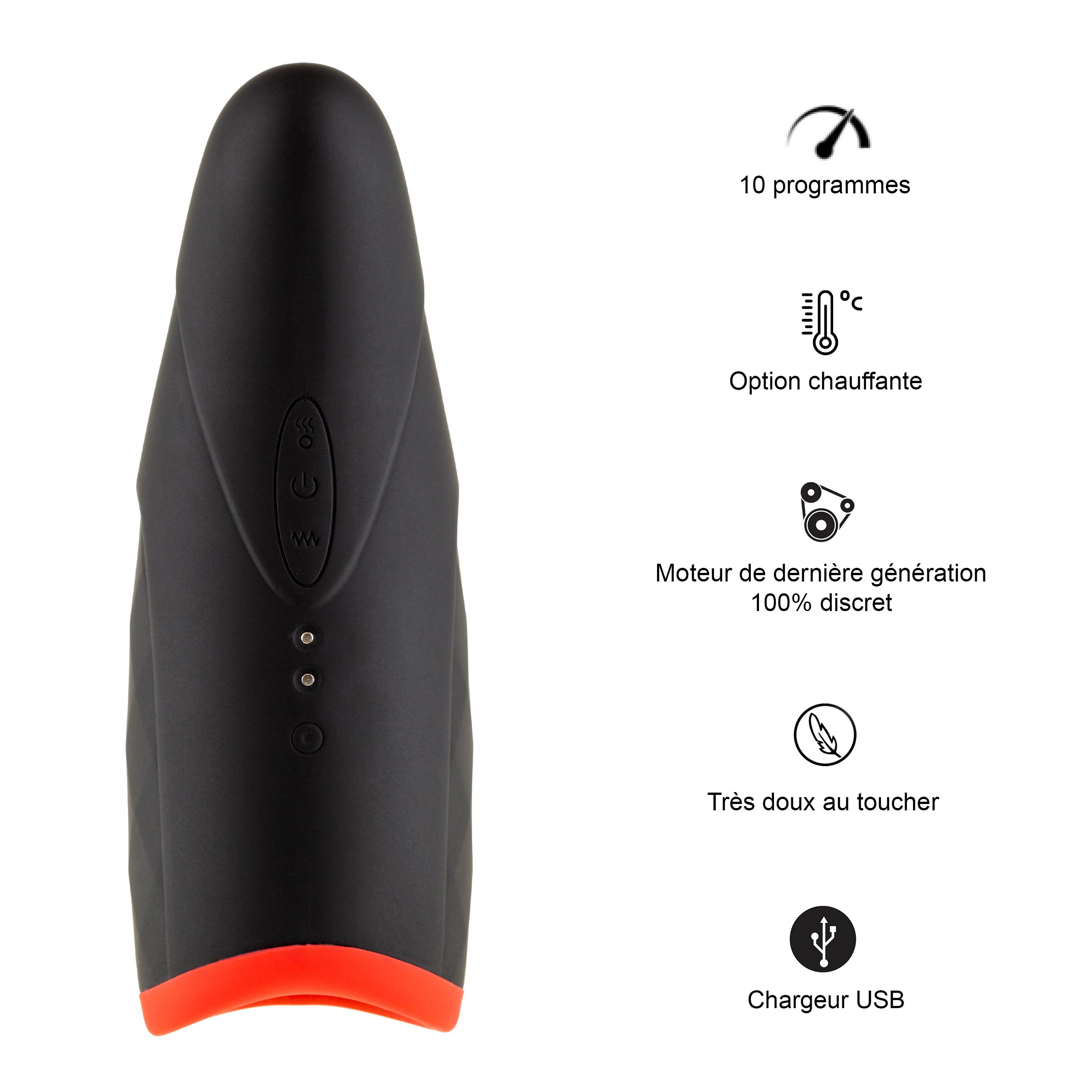 Schwarzer Vibrator mit roten Akzenten, 10 Programme, Heizfunktion, USB-Ladekabel.