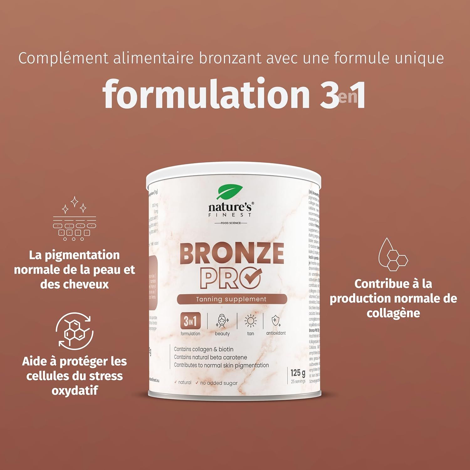 Image publicitaire avec texte. Boîte "Bronze PRO" avec formule 3 en 1. Contient collagène, biotine, bêta-carotène. Aide à la pigmentation.