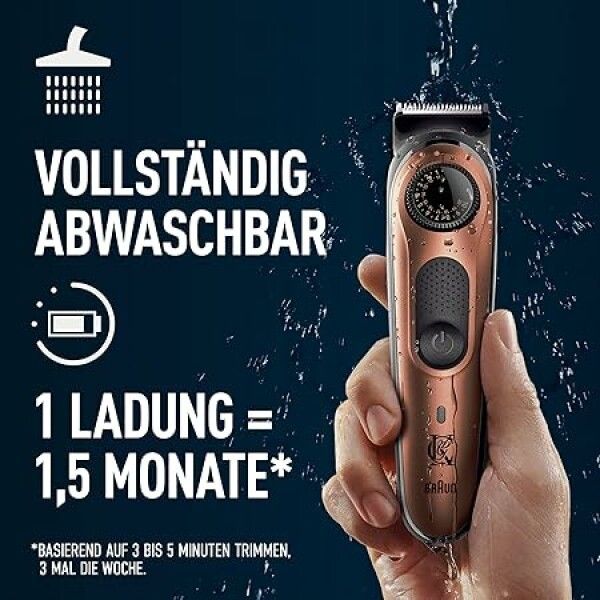 Goldfarbener Barttrimmer unter Wasser. Text: Vollständig abwaschbar. 1 Ladung = 1,5 Monate*. Gerät mit Präzisionsrad und Knopf.
