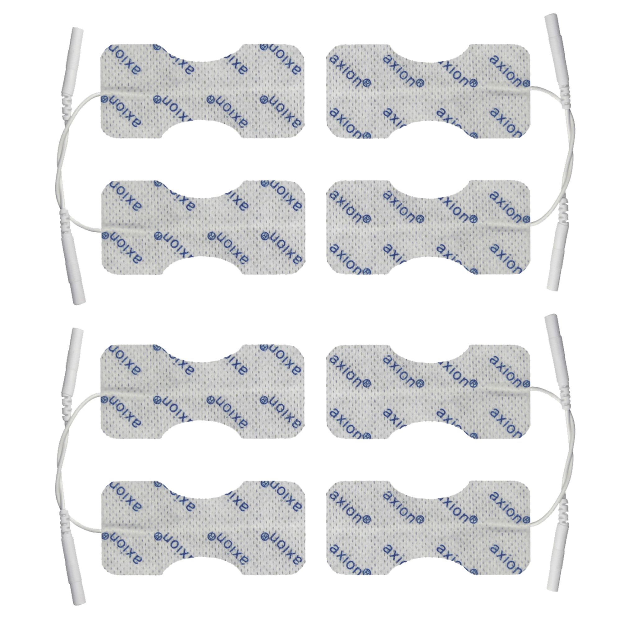 Acht rechteckige Elektrodenpads mit axion-Logo und Kabeln.